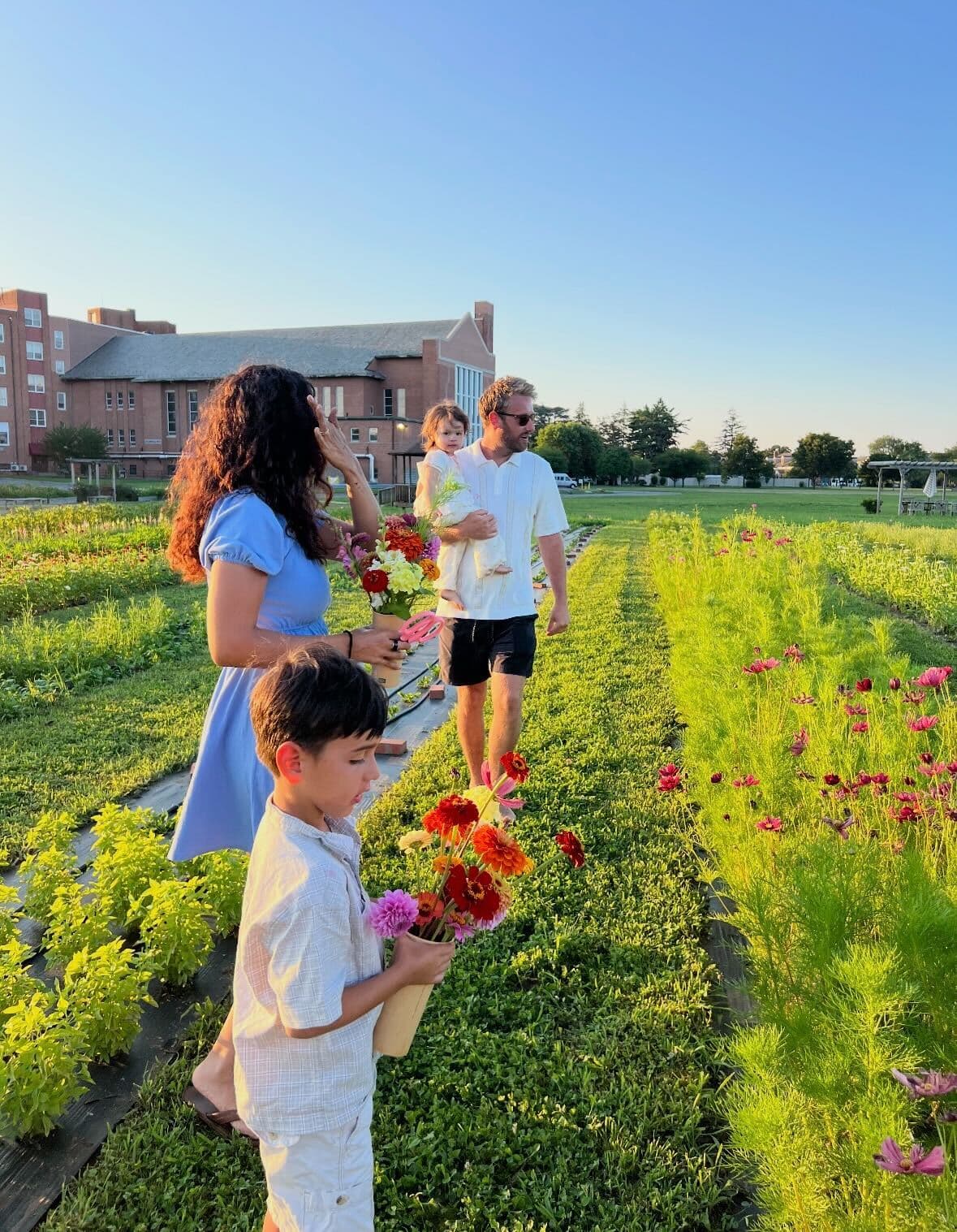 Family picking flowers at golden hour
